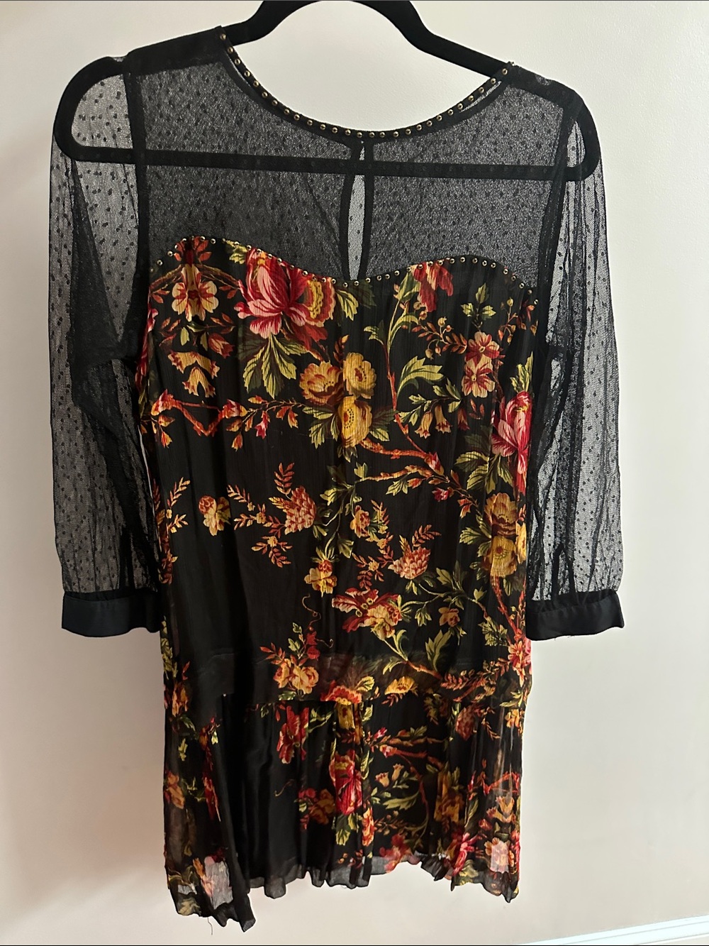 Black Floral Long-Sleeve Mesh Dress with Studded Neckline